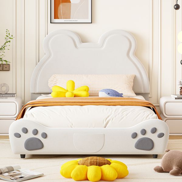 Polsterbett 140x200 cm in Bärenform – niedliches Kinderbett aus Velours, ohne Matratze