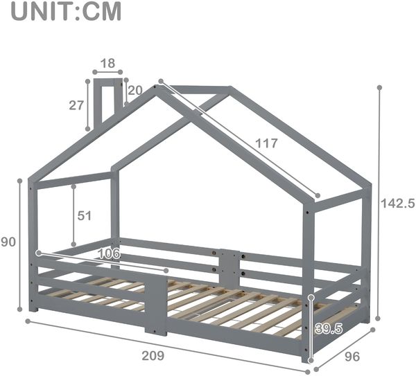 Hausbett Kinderbett aus Massivholz mit Rausfallschutz, 96x209x142,5 cm, Grau, ohne Matratze Bild 10