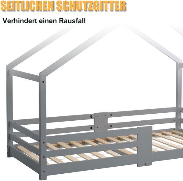 Hausbett Kinderbett aus Massivholz mit Rausfallschutz, 96x209x142,5 cm, Grau, ohne Matratze Bild 6