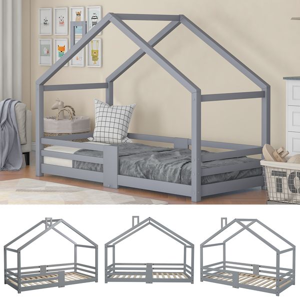 Hausbett Kinderbett aus Massivholz mit Rausfallschutz, 96x209x142,5 cm, Grau, ohne Matratze Bild 3