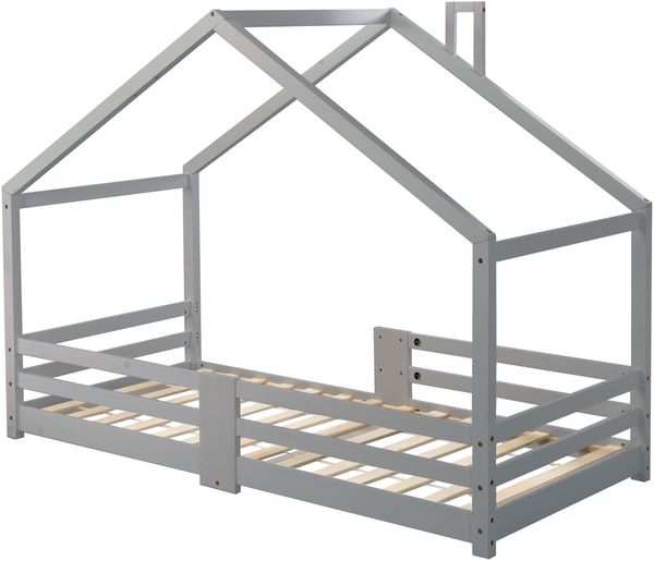 Hausbett Kinderbett aus Massivholz mit Rausfallschutz, 96x209x142,5 cm, Grau, ohne Matratze Bild 9