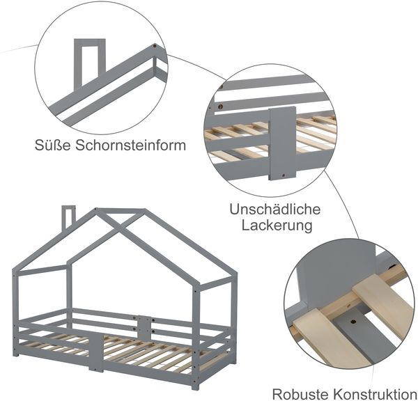 Hausbett Kinderbett aus Massivholz mit Rausfallschutz, 96x209x142,5 cm, Grau, ohne Matratze Bild 7