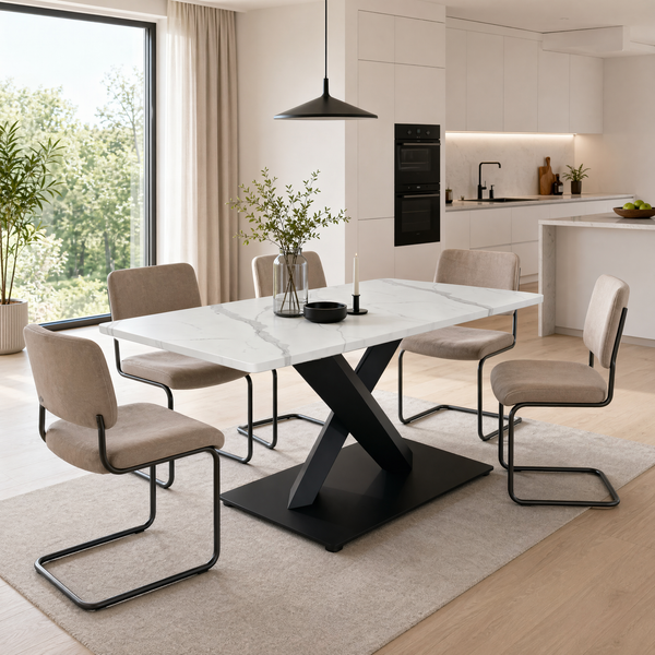 Moderner rechteckiger Esstisch für 6-8,Großer weißer Küchentisch mit MDF-Schreibtisch und schwarzer Metallbasis,Weißer Marmor gemusterter Holztisch,X-Form-Unterstützung Esstisch für Home Office-Wohnun