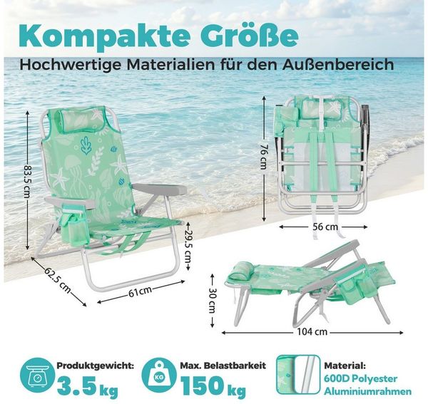 HOMECALL Klappstuhl Strandstuhl Leicht Klappbar Camping, 5-fach verstellbare Rückenlehne (Bis150KG Aluminiumrahmen, groBe Kuhitasche und Aufbewahrungstasche, 2 St), Seitentaschen, Kopfstütze, Schultergurten, Handtuchhalter Bild 2