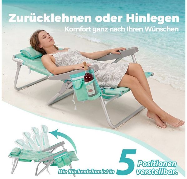 HOMECALL Klappstuhl Strandstuhl Leicht Klappbar Camping, 5-fach verstellbare Rückenlehne (Bis150KG Aluminiumrahmen, groBe Kuhitasche und Aufbewahrungstasche, 2 St), Seitentaschen, Kopfstütze, Schultergurten, Handtuchhalter Bild 3