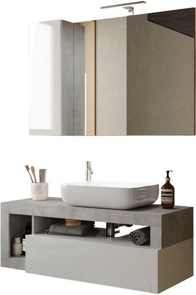 welltime Badmöbel-Set Hamburg, Badezimmerset 2tlg. Breite 110 cm, Badmöbel, Waschtisch inkl, (Spar-Set, 2-St), Waschbecken, Spiegelschrank mit LED Aufbauleuchte, Soft-Close-Funktion