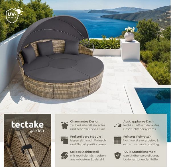 tectake Loungeset Rattan Sonneninsel Santorin - UV-beständig und widerstandsfähig, (Gartenlounge-set Santorin, 5-tlg, geeignet für Outdoor in Natur), klappbares Sonnendach & höhenverstellbare Füße