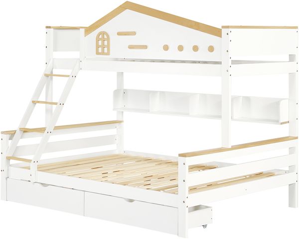Etagenbett 90x200 & 140x200 cm, Kiefer/MDF mit vierseitigem Fallschutz, offenes Regal und Schubladen Bild 9