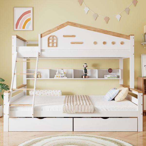 Etagenbett 90x200 & 140x200 cm, Kiefer/MDF mit vierseitigem Fallschutz, offenes Regal und Schubladen