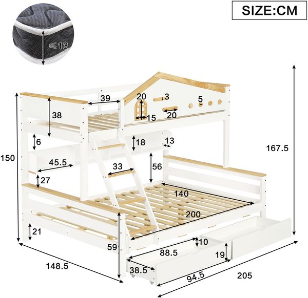 Etagenbett 90x200 & 140x200 cm, Kiefer/MDF mit vierseitigem Fallschutz, offenes Regal und Schubladen Bild 4