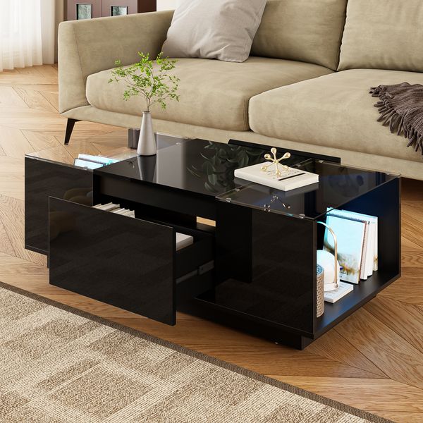 Merax 105 cm Couchtisch mit Stauraum, LED-Stimmungsbeleuchtung, Glasplatte und 2 Schubladen, Schwarz