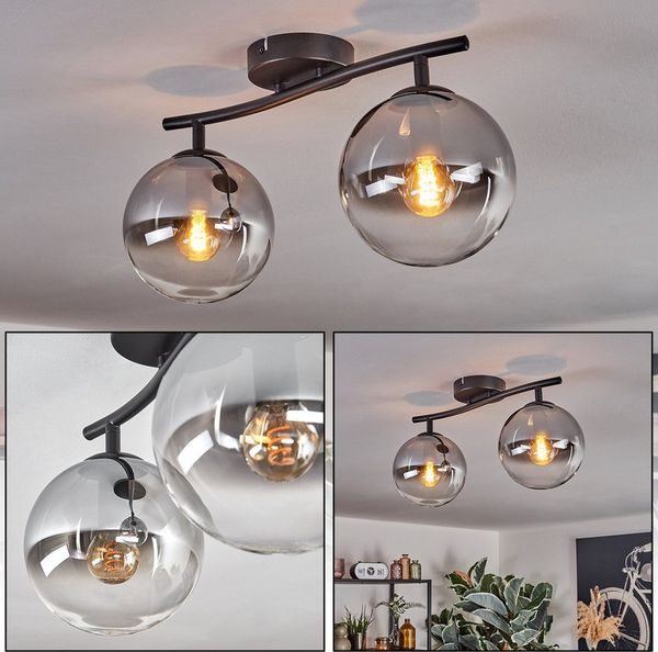 hofstein Deckenleuchte Deckenlampe aus Metall/Glas in Schwarz/Rauchfarben/Klar, ohne Leuchtmittel, moderne Retro/Vintage-Design Leuchte mit Glasschirmen Ø 15 cm, 2 x E14