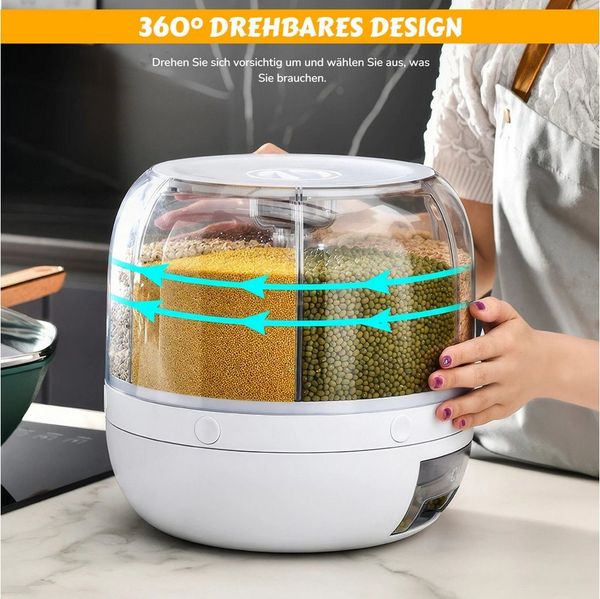 BlingBin Müslispender 360° Drehbarer Getreidespeicher, Lebensmittelspender mit 6 Fächern, PP-Kunststoff, (1er Set, 1-tlg, Abmessungen: 22 x 23,6 CM), Aufbewahrungsbehälter mit Deckel für Reis Getreide Nüsse