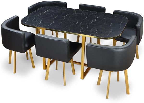 Menzzo Oslo XL Gold Tischgruppe Marmor Effekt & Kunstleder Schwarz