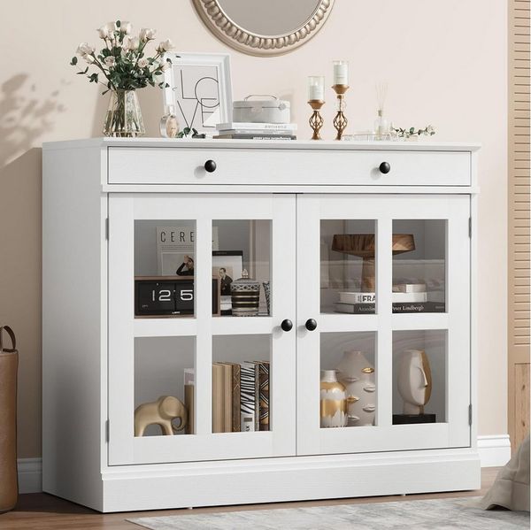GarveeMore Sideboard Sideboard Küchenschrank Aufbewahrungsschrank mit Glastür