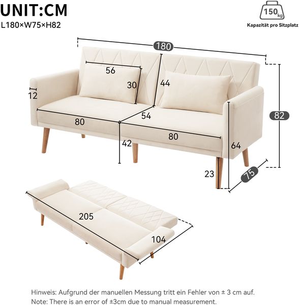 Sofa, Sitzfläche 160x54x42 cm, Beige Samtstoff (Velvet), 3‑fach verstellbare Rückenlehnen & 5‑stufige Armlehnen, Schlafsofa 180x75x82 cm Bild 4