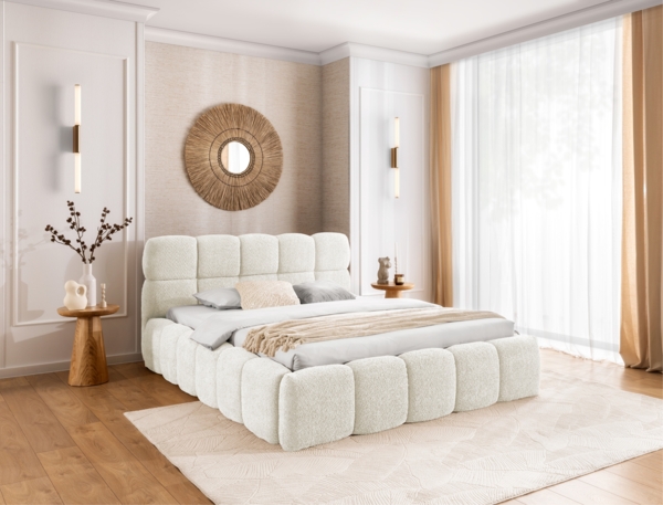 MEBLINI Polsterbett 200x200 mit Lattenrost mit Matratze - SALERNO - Weiß Milch Boucle - Bubble Bett - Cloud Bett - Marshmallow Bed - Kopfteil Bett mit Stauraum