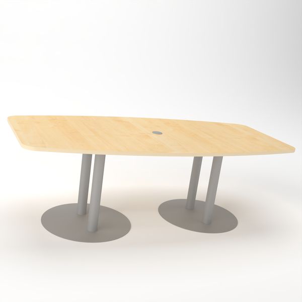 Rheinland Möbel Konferenztisch KONTI 220x103 cm – ovaler Besprechungstisch in Ahorn mit silbernen Säulenfüßen & Kabelauslass, Meetingtisch für 6–8 Personen, moderner XXL-Tisch fürs Büro & Besprechungsraum