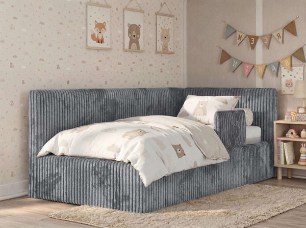 Kinderbett, Polsterbett 90x200 TILVO ALTA mit Rausfallschutz & Bettkasten, Gasdruckfeder-Lift, inkl. Lattenrost, Matratze wählbar - Grau Cord - ELORI LUX - Rechts Seite