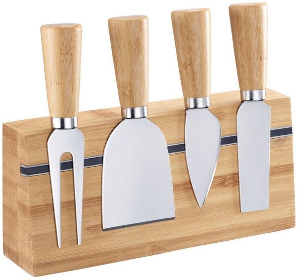 Thiru Käsemesser 5-teiliges Set inkl. dekorativer Bambus Halterung, 5-tlg. Set, Holzgriff, Edelstahl Klingen, Bambus Halterung