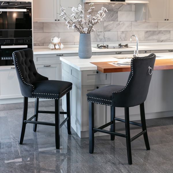 Barhocker 2er-Set, Samt mit hoher Rückenlehne & Ziernieten, Schwarz