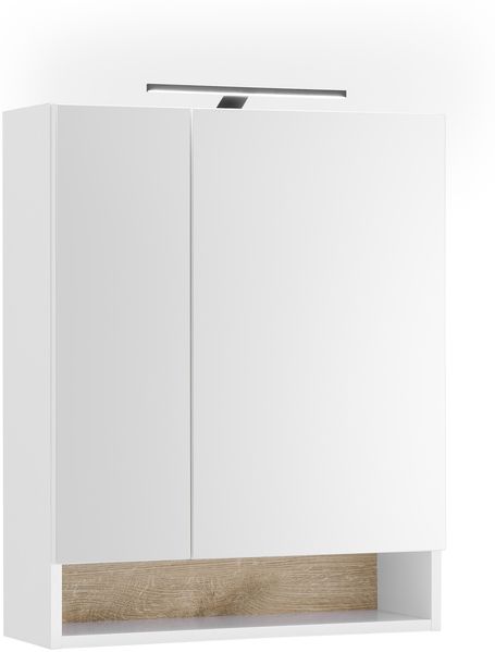 Badezimmerspiegelschrank >Denver< LED, Steckdose, weiß matt / eiche Dekor - 60x75x22 (BxHxT)