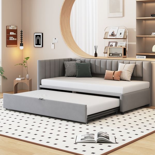 L-förmiges Schlafsofa 90x200 cm mit ausziehbarem Gästebett – Samt Sofa mit Stauraum, Jugendbett, Klappsofa in Hellgrau