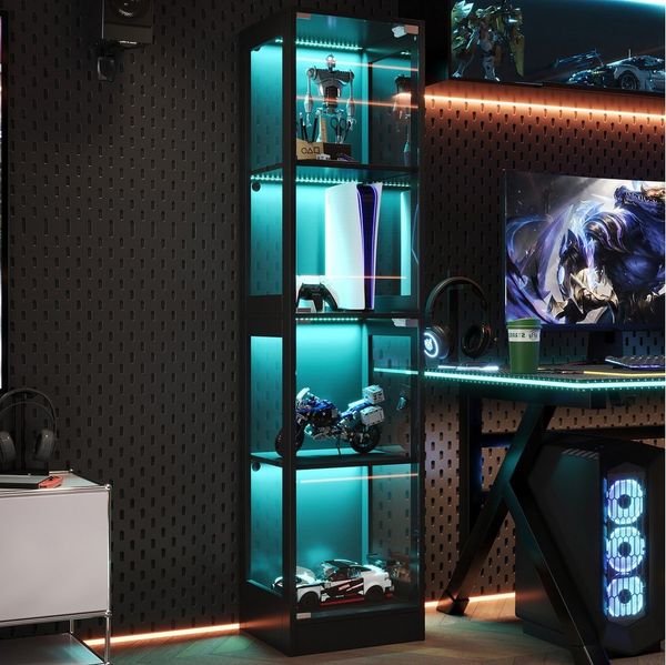 Flieks Glasvitrine Eckvitrine mit LED-Beleuchtung und Doppeltüren aus gehärtetem Glas (1-St, 40x35x170 cm) Standvitrine Eckschrank Hochschrank Sammlervitrine mit 4 Ebenen