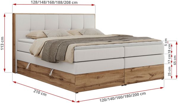 Boxspringbett, Doppelbett mit zwei 7 Härtezonen Multipocket-Matratzen, Bettkästen, Eiche Wotan Holzrahmen, Polsterbett mit Topper-Matratze - ALBERO 1 KING - 120 x 200 cm - Weiß Kunstleder - H4 Bild 6