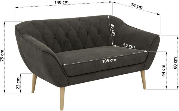 Polstersofa PIRS 2 Skandinavisches Sofa 2-Sitzer, Sofa mit Wellenfederung, Breite 140 cm, Buche Füße Hoher Sitzkomfort - Dunkelgrau Velvet Bild 5