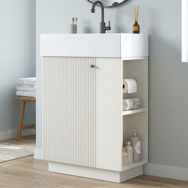 Flieks Waschtisch mit Keramikwaschbecken 55 × 32 × 87 cm, freistehender Badschrank mit Soft-Close-Tür & abnehmbarem Papierhalter, Weiß