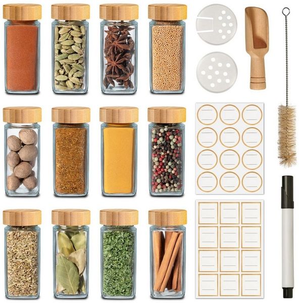 Praknu Gewürzstreuer Gewürzgläser Eckig mit Bambusdeckel - 12er Set - Gewürz Organizer, (12-tlg), 120 ml Gewürz Organizer - Gewürzdosen - Gewürzgläser - Gewürzbehälter