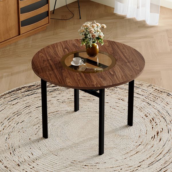 Runder Esstisch H 76 x T 100 x B 100 cm in Braun/Schwarz, MDF mit Glasintarsie und Ablage, modern-minimalistisch