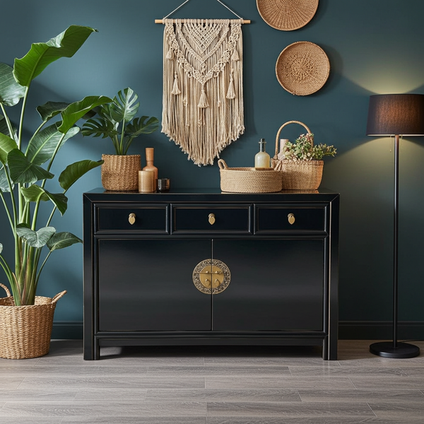 Vintage Kommode Schwarz Messingkreis chinesisch Schrank Sideboard Kolonial-Stil Antik-Stil Lowboard asiatisch orientalisch Fernost shabby-chic Landhaus