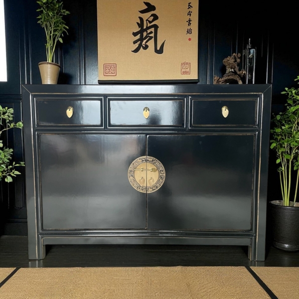 Vintage Kommode Schwarz Messingkreis chinesisch Schrank Sideboard Kolonial-Stil Antik-Stil Lowboard asiatisch orientalisch Fernost shabby-chic Landhaus