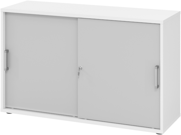 bümö Schiebetürenschrank 2OH - Aktenschrank abschließbar, Sideboard Schrank mit Schiebetüren in Weiß/Grau, Chromgriff - Büroschrank aus Holz mit Schiebetür, Büro Kommode für Ordner & Co, 1752S-W-5-CE