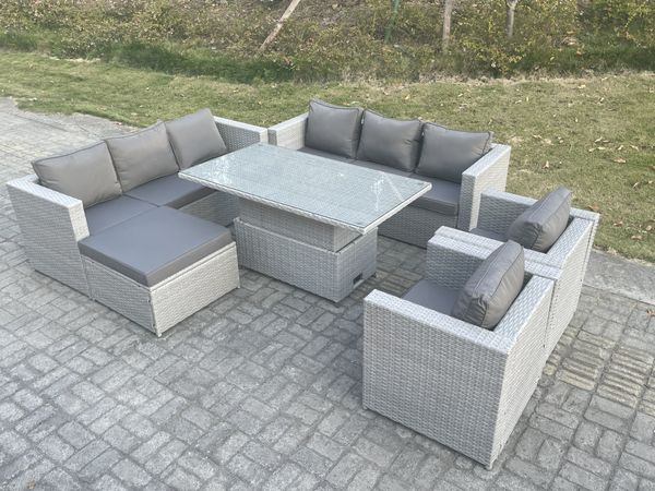 Fimous Polyrattan Essgruppe Gartenmöbel Set Höhe verstellbar Esstisch Set mit Sofa 2 Sessel Großer Fußhocker Helles Grau
