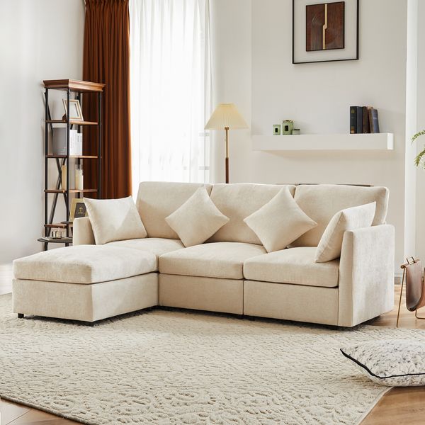 L-förmiges Ecksofa, umwandelbar zum 3-Sitzer, modular aufgebaut, mit beweglichem Hocker und 4 Chenille-Kissen, ideal für Wohnzimmer, Apartment und Büro, Beige