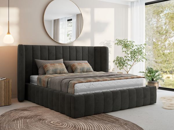 Polsterbett GOLETTA CLASSIC 140 x 200 cm mit gepolstertem Kopfteil, stabilem Bettrahmen, Lattenrost und Bettkasten mit Gasdruckfedern, Doppelbett, zeitloses Design - Dunkelgrau Velvet