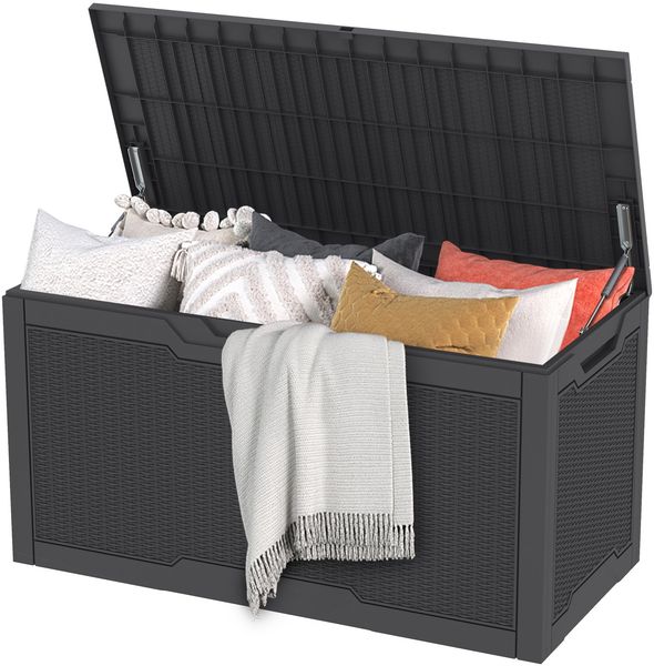 DWVO Gartenbox Auflagenbox Aufbewahrungsbox Kissenbox Outdoor Gartentruhe|Moderne Rattan|Wasserdicht Gasdruckfeder|Für Sitzauflagen Gartengeräte & Kinderspielzeug|380 Liter 115.4 x 55 x 58.3 cm|Dunkelgrau