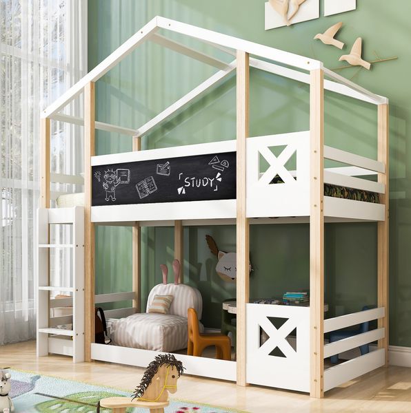 Kinderhochbett 90x200 cm mit Tafel und Leiter – Hausbett aus Massivholz in Weiß