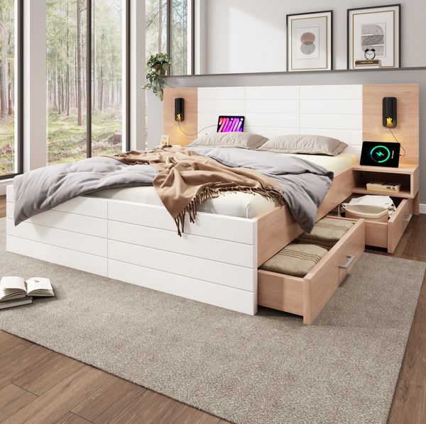 Doppelbett Set 160x200 cm mit Nachttischen, USB-Ladefunktion & Schubladen, Eiche/Weiß