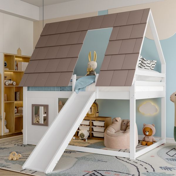 Etagenbett 140×200 cm im Hausdesign mit Rausfallschutz, Leiter und Rutsche, Weiß/Braun, ohne Matratze