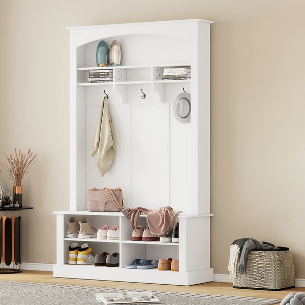 Garderoben-Set 120x40x190 cm mit Sitzbank, 3 Haken & verstellbaren Einlegeböden, Weiß