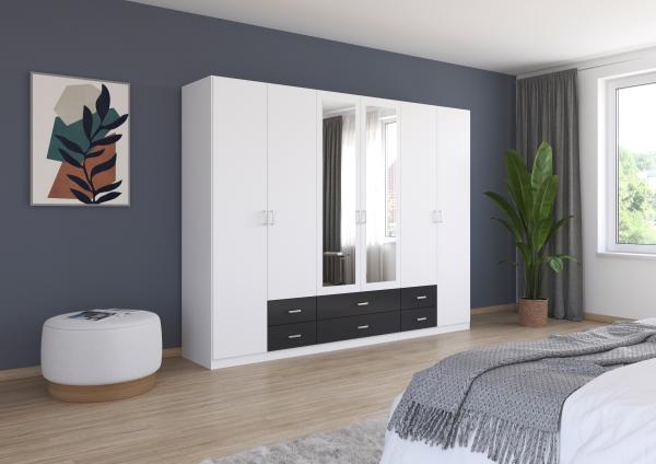 rauch Kleiderschrank, Drehtürenschrank GAMMA, 6-türig, 2 Spiegeltüren teilaufgelegt, 6 Schubkästen, Alpinweiß, 271 x 210 x 54 cm