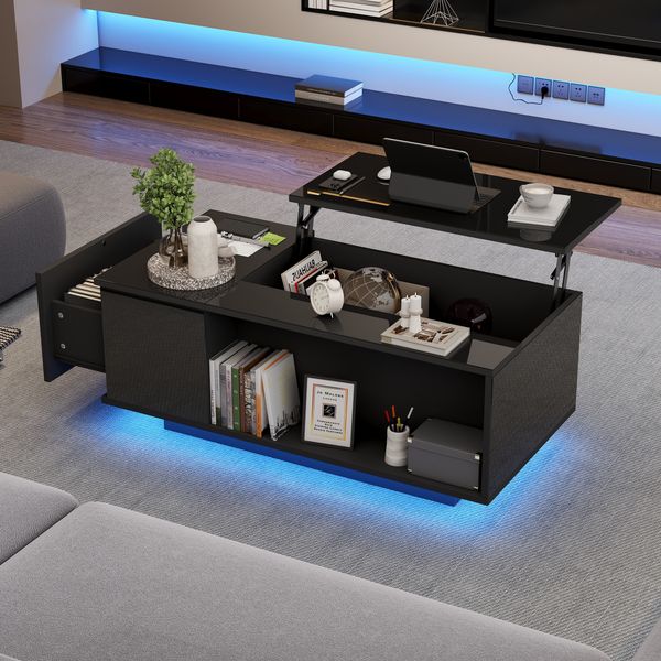 Couchtisch mit Hochglanz, LED & Stauraum, höhenverstellbar, 100 x 50 x 40 cm, Schwarz