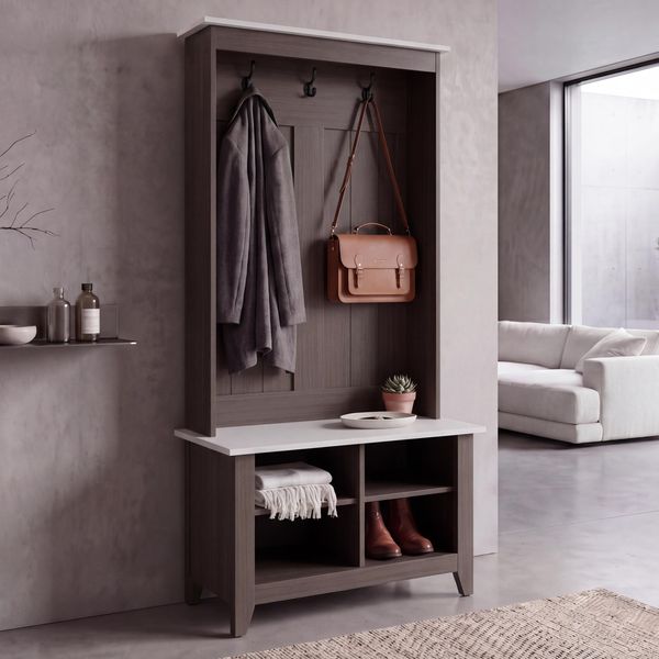 Garderobe HWC-P28, Standgarderobe Schuhregal Sitzbank, 3 Haken 4 Staufächer Melamin 170 x 76 x 39 cm ~ Walnuss-Optik, beige