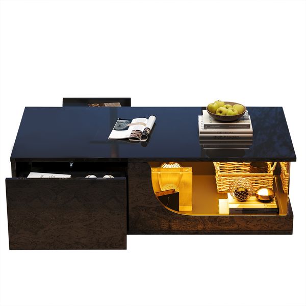 Couchtisch 100 x 50 x 30 cm mit 2 Schubladen, LED-App-Steuerung, Hochglanz in Schwarz, MDF und Hartglas Bild 7