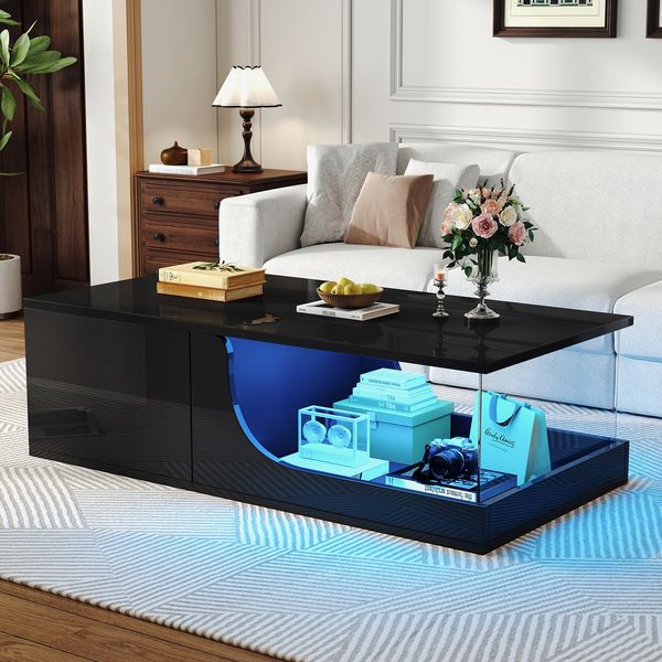 Couchtisch 100 x 50 x 30 cm mit 2 Schubladen, LED-App-Steuerung, Hochglanz in Schwarz, MDF und Hartglas