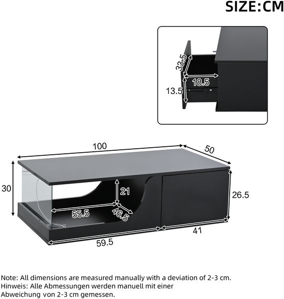 Couchtisch 100 x 50 x 30 cm mit 2 Schubladen, LED-App-Steuerung, Hochglanz in Schwarz, MDF und Hartglas Bild 5
